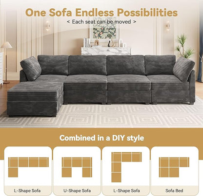 Modular Sectional Sofa with Chaise U Shaped Sectional Couch for Living Room, 8-Seater Comfy Cloud Couches with One Movable Ottoman, Plush Corduroy, Gray