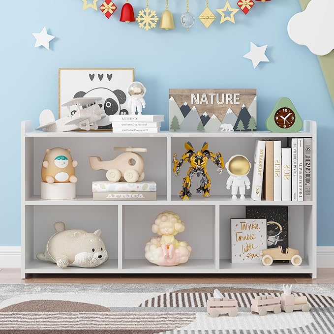 Book Shelf, 5 Cubes Storage Organizer, Open Bookshelf Wooden Bookcase, Freestanding White Bookshelf Cube Shelf for Bedroom, Living Room