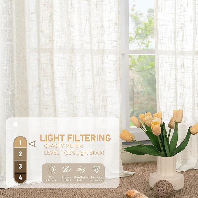 LAMIT Light Filtering Sheer Linen Curtains 84 inches Long, Linen Textured Semi Sheer Bronze Grommet Natural Boho Drapes for Living Room/Farmhouse/Bedroom, 2 Panels, Cream, 60 x 84 Inch
