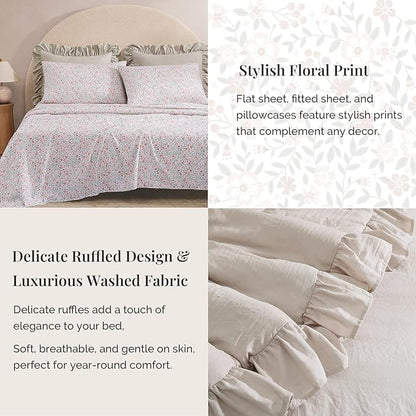 King Comforter Set - 7 Pieces Ruffle Beige Bedding Sets, Shabby Chic Farmhouse Bed in a Bag King with Ruffle Comforter, Floral Sheets, Pillowcases & Shams