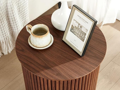AVZEAR Small Round Side Table Fluted Night Stand Set of 2, 17.7" Mid Century Modern End Table, Circle Bedside Tables Wood Nightstands for Small Spaces, Living Room, Bedroom (Rustic Walnut)