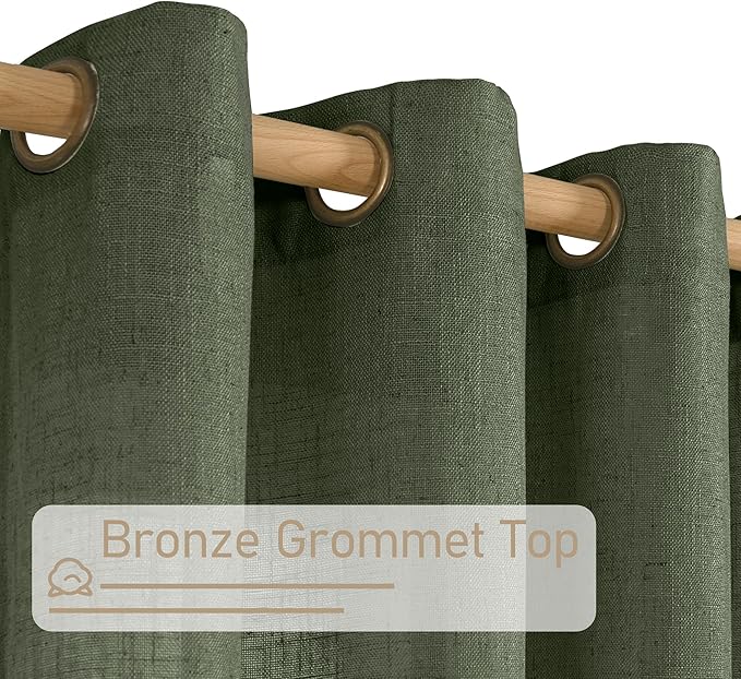 LAMIT Olive Green Linen Sheer Curtains 90 inch for Living Room, Soft Thick Bronze Grommet Light Filtering Boho Window Textured Neutral Drapes for Bedroom Farmhouse, 2 Panels Set, 52 x 90 Inch