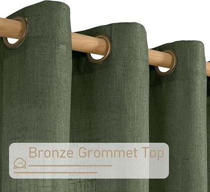 LAMIT Olive Green Linen Sheer Curtains 90 inch for Living Room, Soft Thick Bronze Grommet Light Filtering Boho Window Textured Neutral Drapes for Bedroom Farmhouse, 2 Panels Set, 52 x 90 Inch