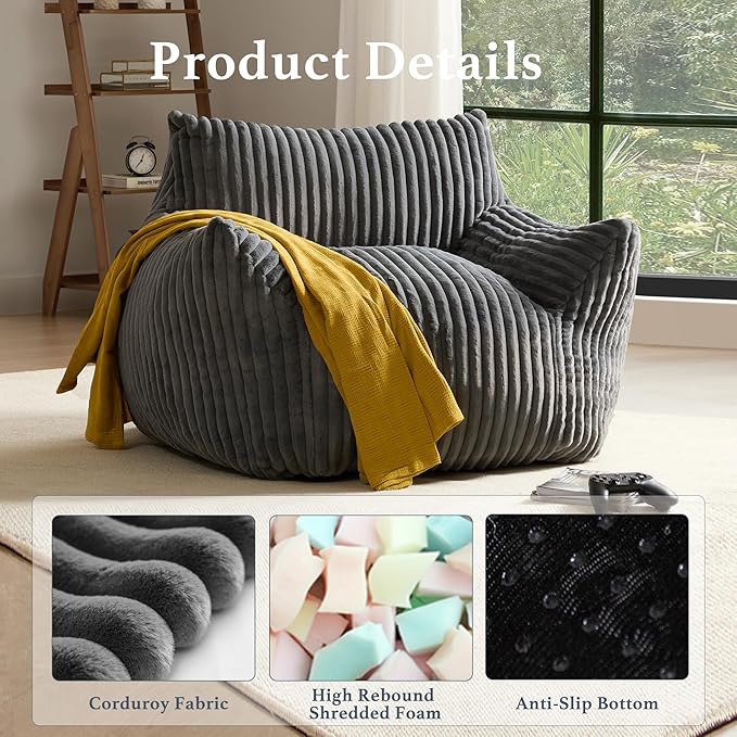 Giant Plush Bean Bag Chair for Adults with Armrests - Oversized Comfy Grey Beanbag Lounge Lazy Floor Sofa Accent Chair for Living Room, Bedroom & Dorm, Cozy Fluffy Single Cloud Mini Couch