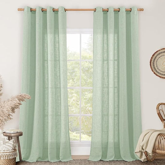 LAMIT 95 Inches Long Fresh Green Linen Curtains for Living Room, Bronze Grommet Linen Textured Curtains Light Filtering Boho Drapes for Bedroom/Dining Room, Set of 2, 52 x 95 Inch