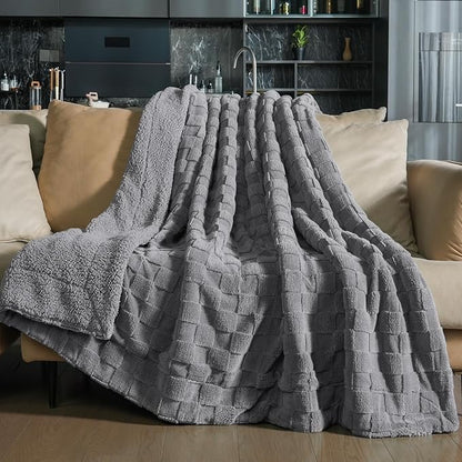 Pawque Super Soft Cozy Throw Blanket for Couch Sofa Bed - Fluffy Sherpa Fleece Reversible Thick Warm Fuzzy Blanket for All-Season, 3D Checkered Jacquard Elegant Decorative Blankets, Grey, 50" x 60"