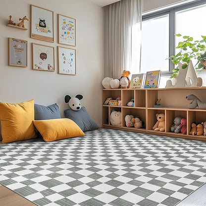 jinchan 8x10 Checkered Area Rugs for Kids Room - Machine Washable Soft Rug Modern Geometric Lattice Non-Slip Carpet for Nursery Playroom Classroom Living Room Bedroom Dining Room Home Office Grey