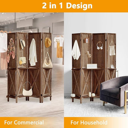 4 Panel Pegboard Display with 16 Hooks, Wooden Pegboard Room Divider Wall with Shelf, Rustic Room Dividers and Folding Privacy Screens, Bedroom, Jewelry Store, Brown