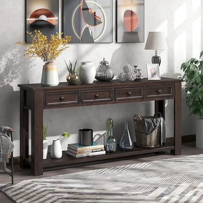 63" Solid Wood Console Table Sofa Table with Storage Drawers and Bottom Shelf,Farmhouse Entryway Table for Hallway Foyer,Sofa Couch Table,Fully Assembled (63" Espresso)