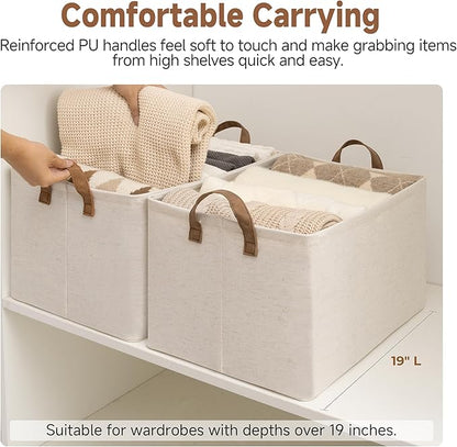 StorageWorks Storage Bins, Shelves Baskets for Organizing, 45L Extra Large Fabric Closet Organizers with Handles, Metal Frame, Beige（Cotton-linen）, 2-Pack