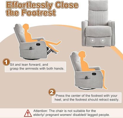 Manual Swivel Rocker Recliner Chair for Adults, Overstuffed Reclining Glider Chair for Nursing with Vibration Massage & Heat, Living Room Rocking Recliner 2-Stage backrest, Chenille Fabric Light Gray