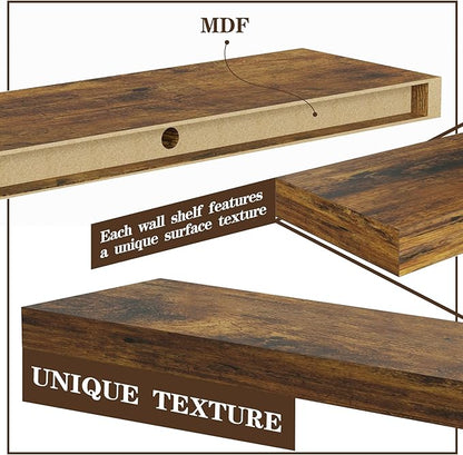BAMEOS Floating Shelves,40 in W x 7in D Wall Mounted Wooden Shelves with Invisible Brackets Set of 2, Hanging Wall Shelves Decoration for Bedroom, Bathroom, Living Room and Kitchen,Rustic Brown