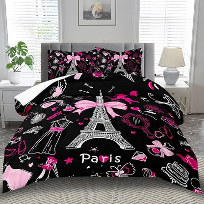 Eiffel Tower Comforter Set Full Size,Eiffel Tower Bedding Set for Girls, Pink and Black Paris Themed Comforter Bedroom Decor,Paris Quilt French Style Romantic Bedding