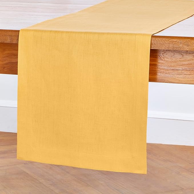 Solino Home Linen Table Runner 108 Inches Long - 100% Pure Linen Mustard Yellow Table Runner 14 x 108 Inch - Fete