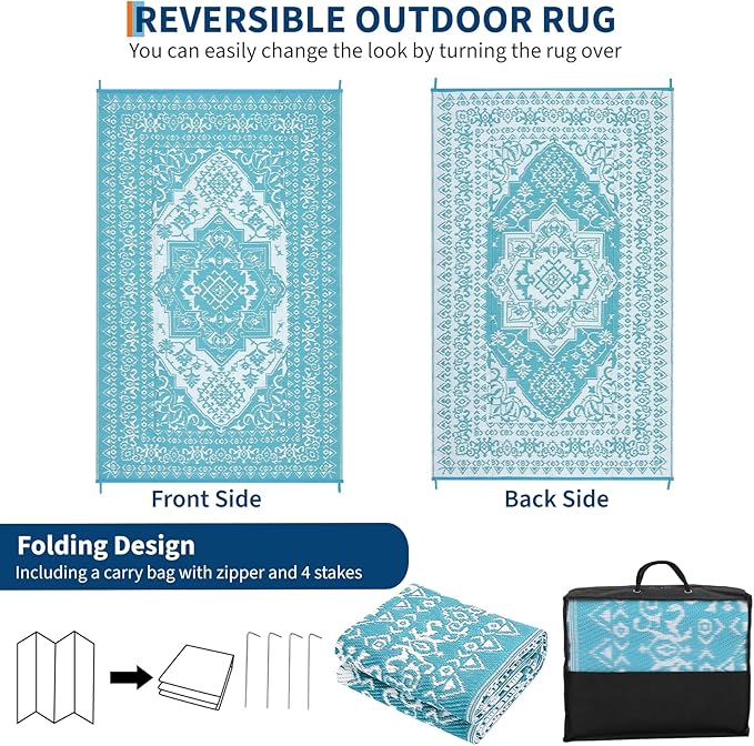 GAOMON Outdoor Rug Waterproof 9x12 Patio Rugs Reversible Plastic Straw Rug, Large UV-Resistant Portable RV Camping Mats, Indoor Outdoor Medallion Carpet for Deck Porch Garden, Light Blue & White