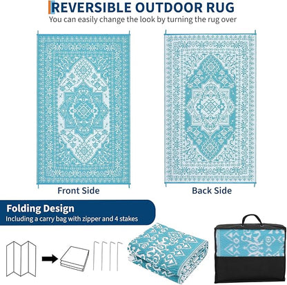 GAOMON Outdoor Rug Waterproof 9x12 Patio Rugs Reversible Plastic Straw Rug, Large UV-Resistant Portable RV Camping Mats, Indoor Outdoor Medallion Carpet for Deck Porch Garden, Light Blue & White