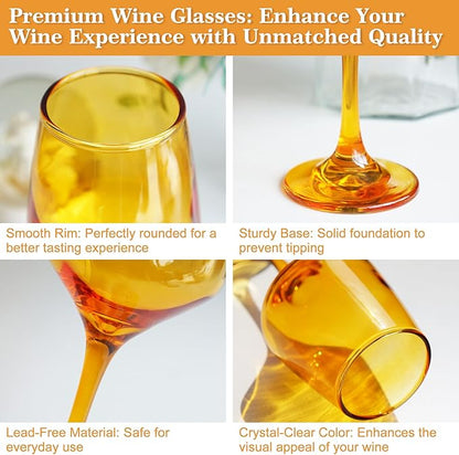 Amber Wine Glasses Set of 6-14oz Long Stem Wine Glass, Pretty Crystal Glassware, Hand Blown Goblets Drinkware, Unique Stemware Wine Glass Holiday Gift Set