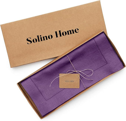 Solino Home Linen Purple Table Runner 156 Inches Long - 100% Pure Linen Extra Long Table Runner 14 x 156 Inch for Fall, Autumn, Halloween, Thanksgiving - Classic Hemstitch