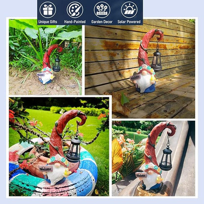 Solar Outdoor Figurine Lights Gnome Garden Decor Statue with LED Flowers & Lantern, Glowing Fairy Yard Decorations for Outside Patio Yard Front Porch, Housewarming Home Decor Gifts Thanksgiving