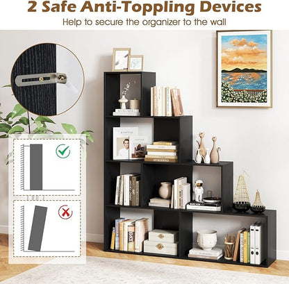 Tangkula 4-Tier Stepped Bookshelf, Freestanding 6 Cubes Ladder Bookcase with Anti-Tipping Kits, 64" Tall Modern Wooden Storage Display Rack for Home Office Living Room Study (2, Black)