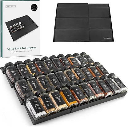 Spice Drawer Organizer - Expandable Spice Rack for Drawer, Black Seasoning Organizer for Drawer Spice Organizer, Spice Organization Seasoning rack insert for Cabinet (Jars Not Included)