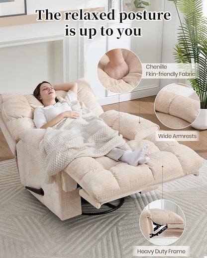 Oversized Recliner Chair Manual Swivel Rocker Recliner for Living Room Chenille Overstuffed Nursery Reclining Sofa Chair Rocking Recliners for Adults 400lbs (Manual, Beige)