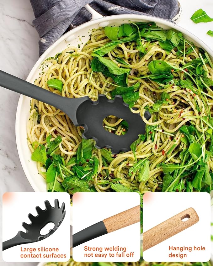 Kitchen Utensils Set, 13PCS Silicone Cooking Utensils, Heat Resistant Kitchen Utensil Spatula Set for Nonstick Cookware, Wooden Handles Kitchen Gadgets Tools Set