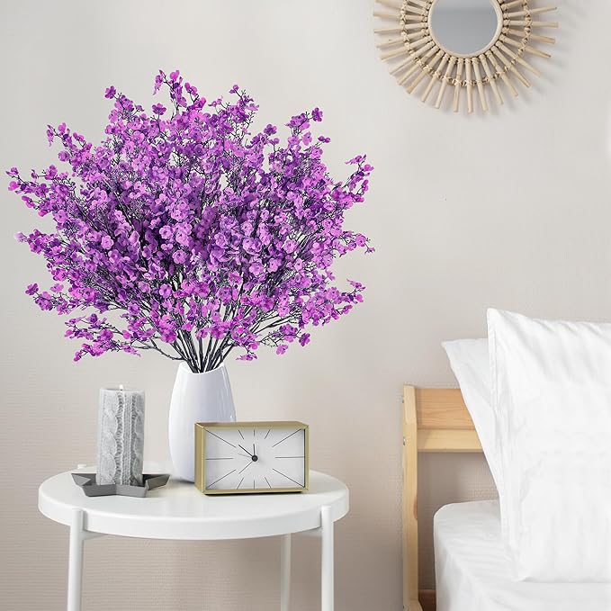 Sggvecsy 15 Pcs Babys Breath Artificial Flowers Gypsophila Bouquets Bulk Real Touch Fake Silk Flowers for Home Wedding DIY Floral Arrangement Kitchen Table Centerpiece Festival Decoration (Purple)