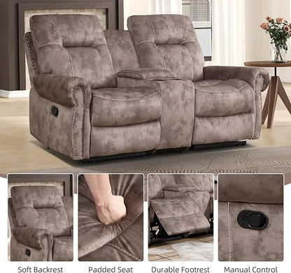 EBELLO Manual Recliner Loveseat Sofa, 2 Seater Reclining Couch Chair with Center Console, Hidden Storage and Cup Holders, Vintage Rivet Mid-Century Design for Living Room, Meeting Room, Brown
