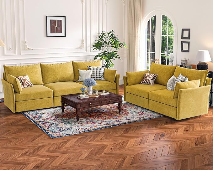 135.5" Oversized Modular Sectional Sofa, L Shaped Convertible Couch with Movable Ottoman, 5 Seat Corner Couches for Living Room Deep Seat Yellow Chenille