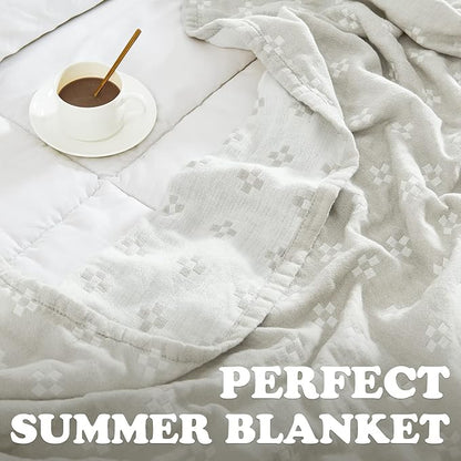 jinchan Boho 100% Cotton Blanket Muslin 50x60 Inches Lightweight 3-Layer Geometric Cross Pattern Reversible Quilt Throw Soft Breathable Comfy All Seasons for Couch Bed Decor, Light Grey