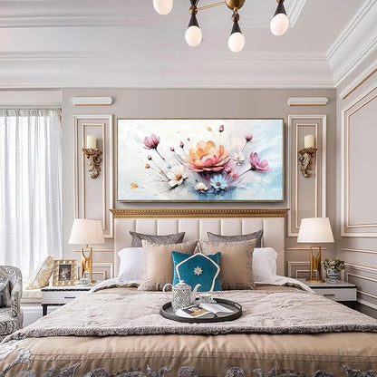 amatop Framed Floral Canvas Wall Art – Oversized Pink Blue Abstract Bloom Flower Print Daisy & Peony Picture Elegant Botanical Nature Large Artwork for Living Room Bedroom Dining Entryway Decor 58x29 inch
