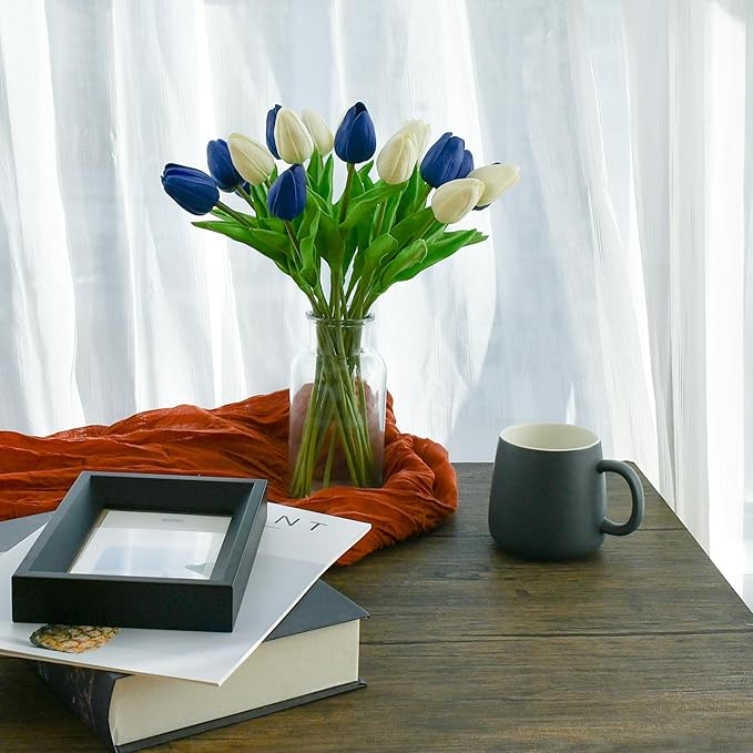 Mandy's Artificial Tulips 20 Stems Blue and White PU Faux Flowers for Wedding Home Decor 13.5 Inch