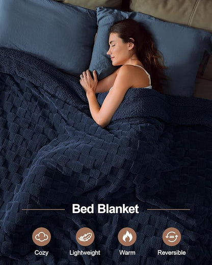 Pawque Super Soft Cozy Throw Blanket Queen Size for Couch Bed, Fluffy Sherpa Fleece Reversible Thick Warm Fuzzy Blanket for All-Season, 3D Checkered Jacquard Decorative Blankets, Navy Blue, 90"x90"