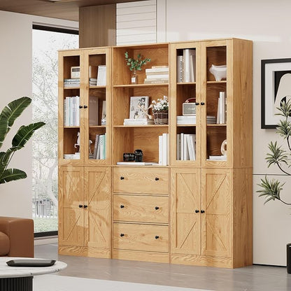 71" Tall Bookshelves Set of 3, 1 Bookcase with Drawers & 2 Bookshelves with Doors, Wooden Floor Standing Display Storage Shelves for Home Office, Living Room