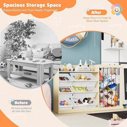 Kids Toy Storage Organizer with 6 Removable Plastic Bins Toddler Montessori Bookshelf with Stuffed Animal Net Holder Baby Bookcase Plush Organizer for Playroom,Bedroom,Kids Room,Classroom