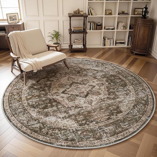 AMOAMI 6FT Round Rug - Vintage Soft Coffee & Brown Rugs for Living Room, Bedroom, Dining Room, Office - Non Slip, Machine Washable