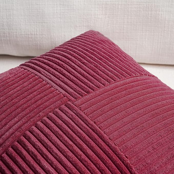 Fancy Homi 2 Packs Burgundy Long Lumbar Decorative Throw Pillow Covers 16x24 Inch for Couch Bed Sofa, Rustic Farmhouse Boho Home Decor, Soft Striped Corduroy Rectangle Accent Cushion Case 40x60 cm