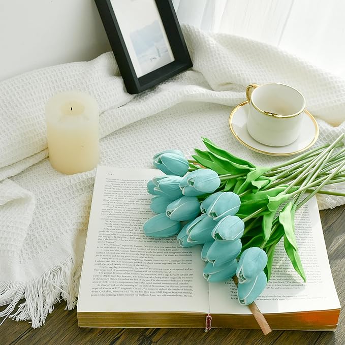 Mandy's Artificial Tulips 20 Stems Robin Egg Blue PU Faux Flowers for Wedding Home Decor 13.5 Inch