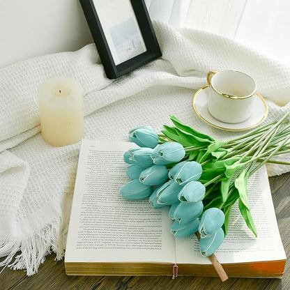 Mandy's Artificial Tulips 20 Stems Robin Egg Blue PU Faux Flowers for Wedding Home Decor 13.5 Inch