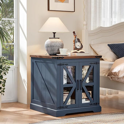 24" End Table with Charging Station, Farmhouse Night Stand with Glass Barn Door, White Nightstands with Adjustable Storage Shelf, Large Wood Square Bed Side Table for Living Room,Bedroom