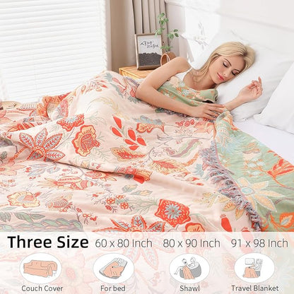Boho Throw Blanket for Bed - 100% Pure Cotton Ultra Soft Rustic Quilt - Farmhouse Decor Bed Blankets, All Season Rustic Throw for Sofa Couch Chair(91''x 98'', Floral)
