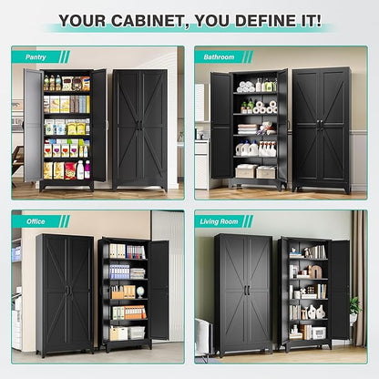 75" Tall Pantry Cabinet,Farmhouse Kitchen Pantry Storage Cabinets with 2 Doors and 5 Shelves,Black Metal Storage Cabinet,Large Cupboard for Home,Kitchen,Dining/Living Room
