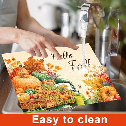 Thanksgiving Placemats Set of 6 Fall Plastic Table Mats Thanksgiving Day Place Mat Autumn Harvest Place Mats Washable Rustic Pumpkins Table Decoration for Indoor Outdoor Party Kitchen Dining