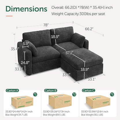 HONBAY Modular Sectional Couch with Storage Ottoman, Sectional Sofa with Storage Seats, L Shaped Sectional Couches for Living Room, Grey