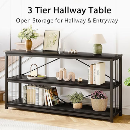 LVB Black Entryway Table, Modern Narrow Console for Hallway, Industrial Farmhouse Foyer Table with Storage Shelves, 63 Inch