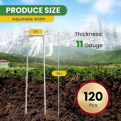 Landscape Staples 8 Inch 120 Pack, Garden Stakes Galvanized Garden Staples 11 Gauge, Plant Cover Stakes for Lawn Weed Barrier