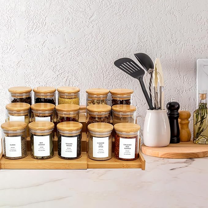 4OZ Glass Spice Jars with Bamboo Lids and 315 Labels, 10 Pcs Clear Food Storage Containers for Kitchen Sugar Salt Coffee Tea Beans