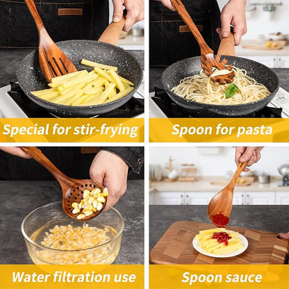 GUDAMAYE 11 PCE Wooden Spoons for Cooking, Wooden Kitchen Utensils Set,Wooden Cooking Utensils,Natural Teak Wooden Spoons For Non-stick Pan