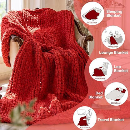 Chunky Knit Blanket - Luxury Soft Cozy 60 * 80 Throw Blanket,100% Woven Blanket Rope Knot Throw Blanket for Couch, Sofa, Home Decor, Gift - Machine Washable（Wine red）